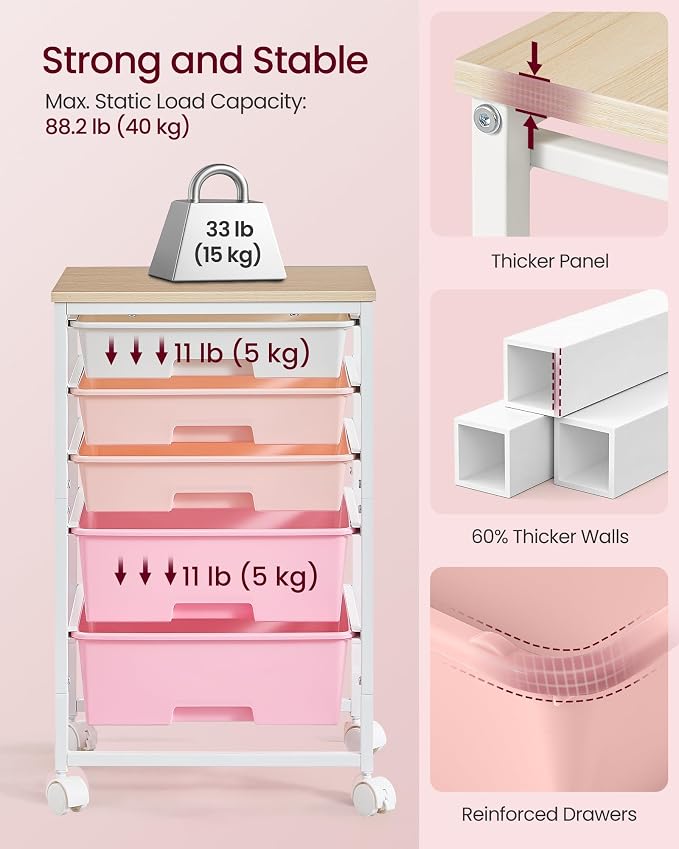 VASAGLE Rolling Cart with Drawers,5 Drawers Storage Cart, Pink