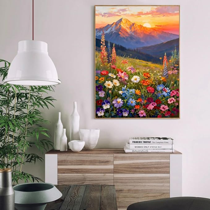 Clendo Landscape Paint by Numbers Kit for Adults Beginner, Flower Mountain Adult Paint by Number Kits on Canvas, Sunset Oil Painting Kit for Beginners Gift Home Wall Decor 16x20 Inch