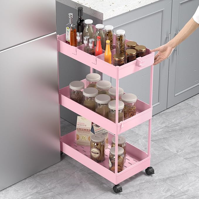 SPACELEAD 3 Tier Rolling Cart with Wheels, Storage Craft Art Trolley Organizer Serving, 3 Hanging Baskets Easy Assembly, for Office, Living Room, Kitchen, Pink
