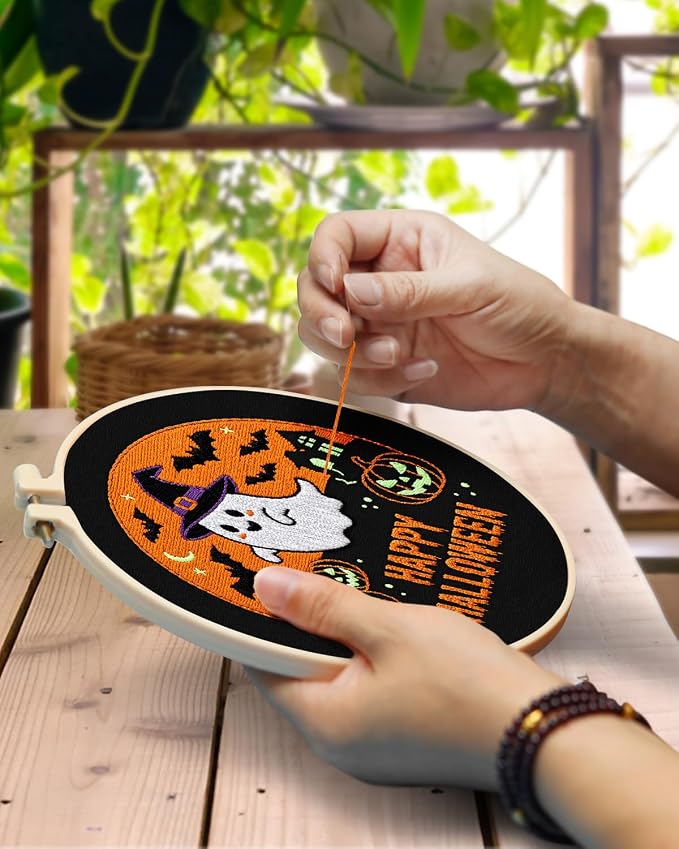 TINDTOP Halloween Embroidery Kit for Adult, Embroidery DIY Starter Kit, with Stamped Patterns, Hoop, Tools, Colorful Threads with Needles, Instructions (Halloween B)