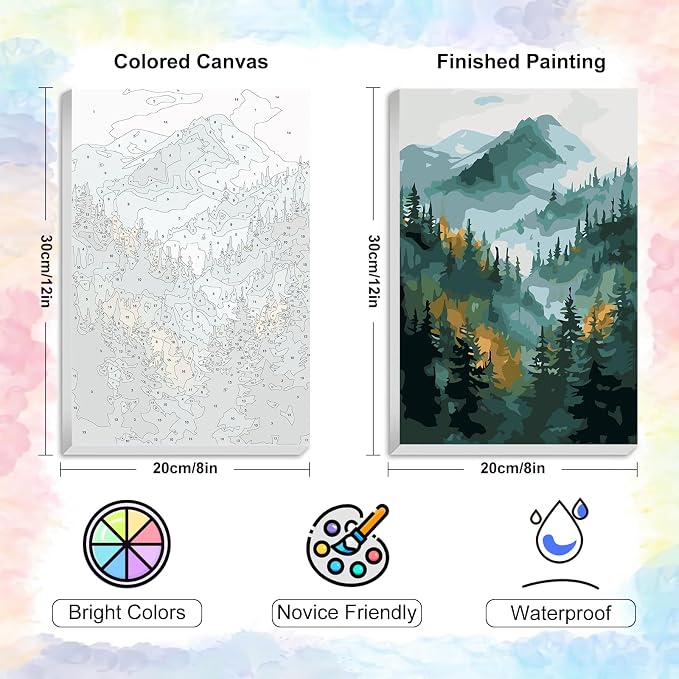 Yezavesu Framed Paint by Numbers Kit for Adults Beginner & Kids Ages 8-12, Mountain Paint by Numbers with Frame, DIY Number Painting for Adults Watercolor Forest for Home Wall Decor Gift 8X 12 inch | For Adults Beginner & Kids Ages 8-12, With Frame Can...