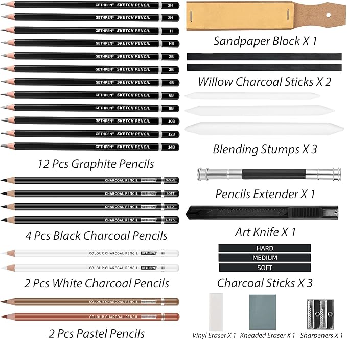 GETHPEN Drawing Sketching Pencil Set, 34 Piece, Graphite Pencils (14B-4H) | Art Pencil Kit with Black and White Colour Charcoal Pencils,Charcoal Sticks,Stumps,Eraser, Sharpeners,Sketch Set for Artists