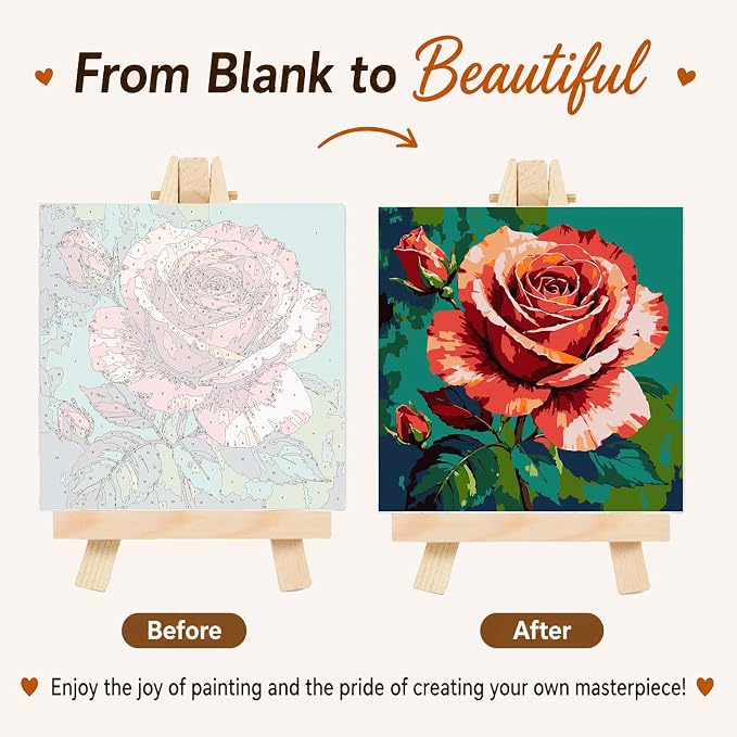 AUKELHJ Framed Paint by Numbers Kit for Adults, Rose, 10x10 inch