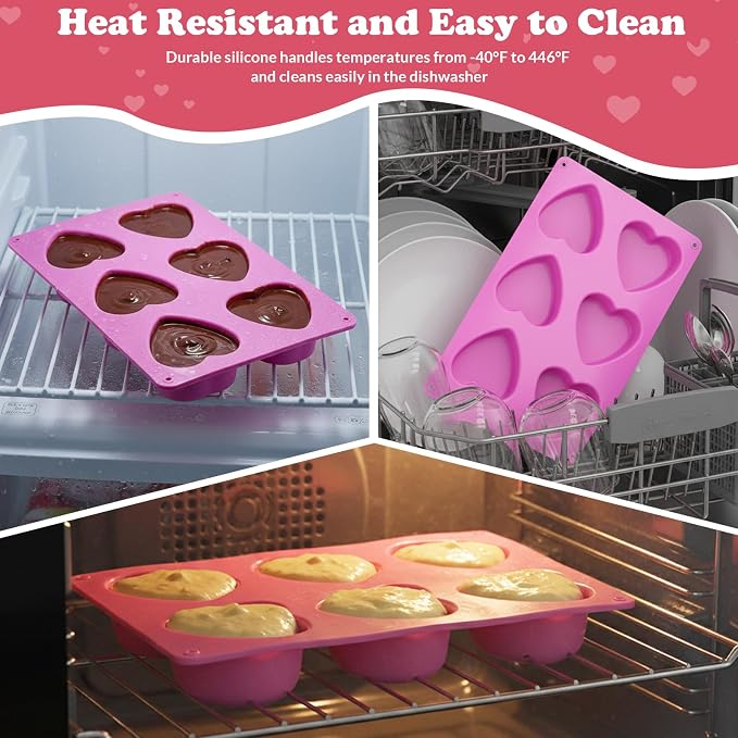 HKNMTT Heart Silicone Molds Valentine's Day for Baking Cake Chocolate Cocoa Bomb, Love Shaped Jello Chocoflan Oreo Moulds, 6 Cavity 2 Pack Soap Craft Oven Safe DIY Handmade Gift Pan