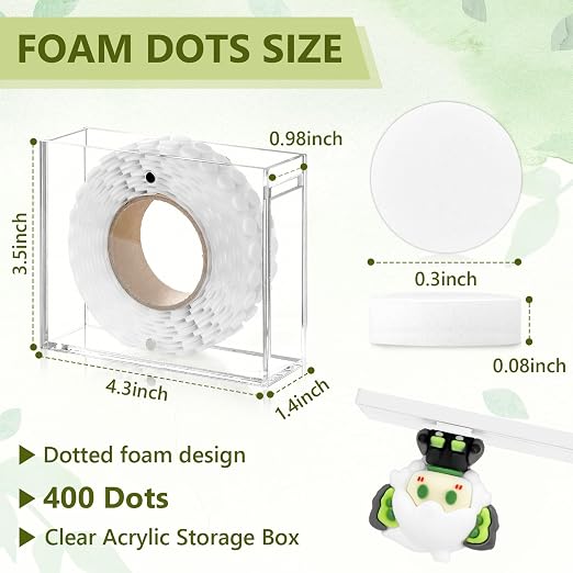 400 PCS 2mm Double Sided Foam Dots with Acrylic Box 0.3" Foam Pop Dots 3D Craft Foam Tape Dual Adhesive Foam Mounts Foam Round Dots for Art Crafts DIY(White with Box,0.3" Diameter,2mm Thick)