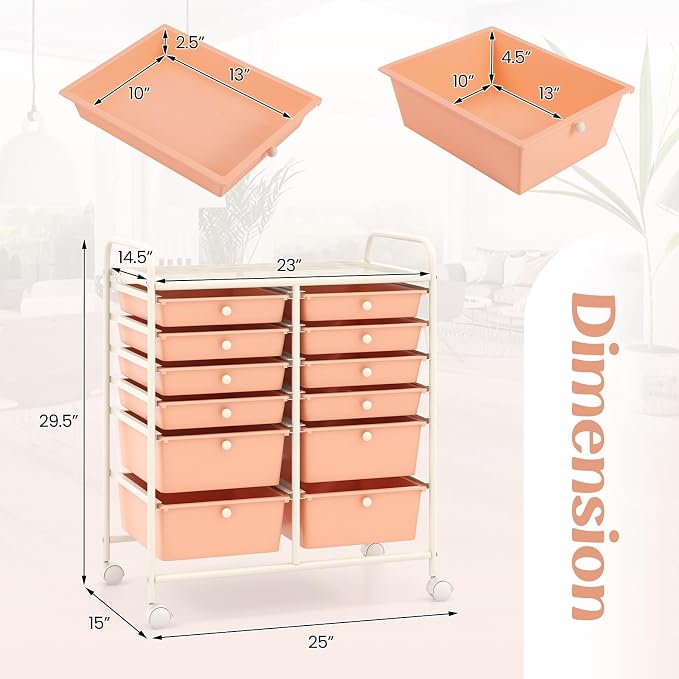 LDAILY 12 Drawer Rolling Storage Cart, Craft Cart Organizer on Wheels w/Metal Frame, Large Capacity & Smooth Drawer, Rolling Cart w/Drawers for Classroom, Office