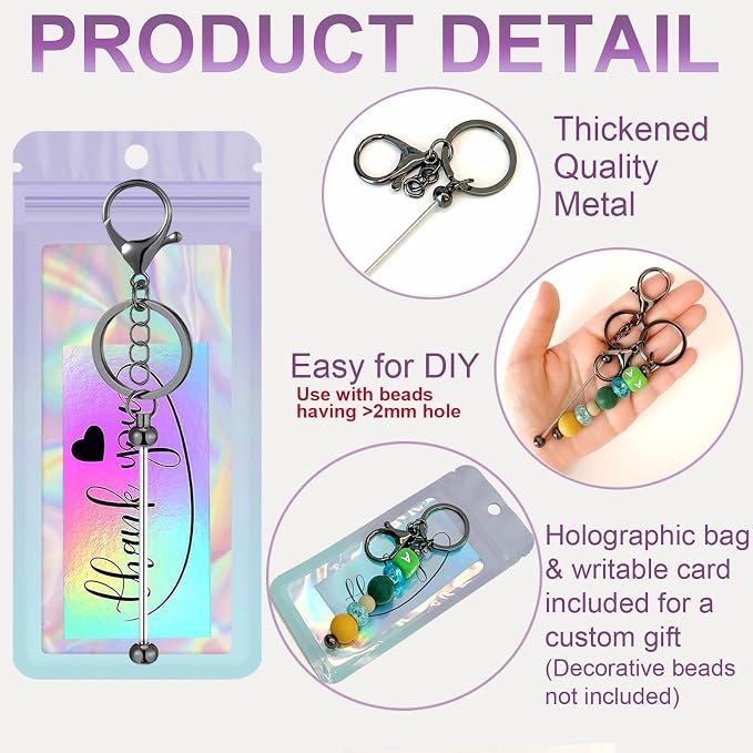 42/84/126 Pcs Beadable Keychain Bars Bulk Blank DIY Beaded Keychain Making Supplies with Bag Thank You Card