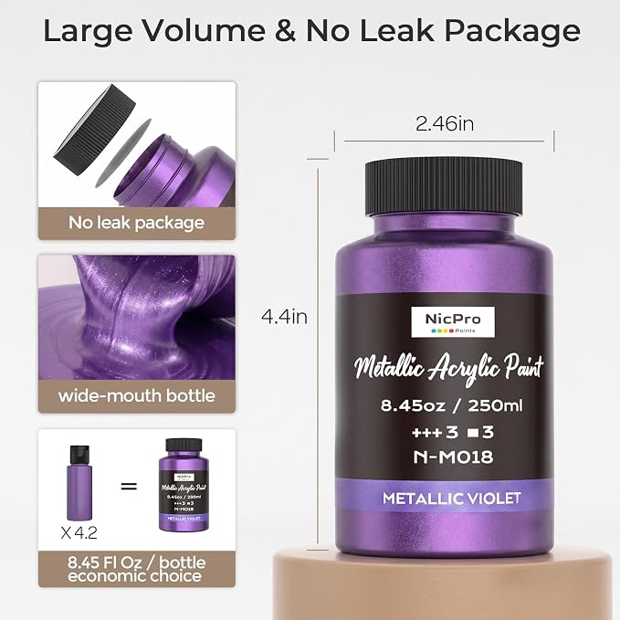 Nicpro Metallic Violet Acrylic Paint, 8.45oz/250ml Purple Craft Paint, | Large, Non Toxic, Non Fading Art Paint for Wood, Metal, Clay, Fabric, Canvas, Ceramic, Furniture, Handcrafts
