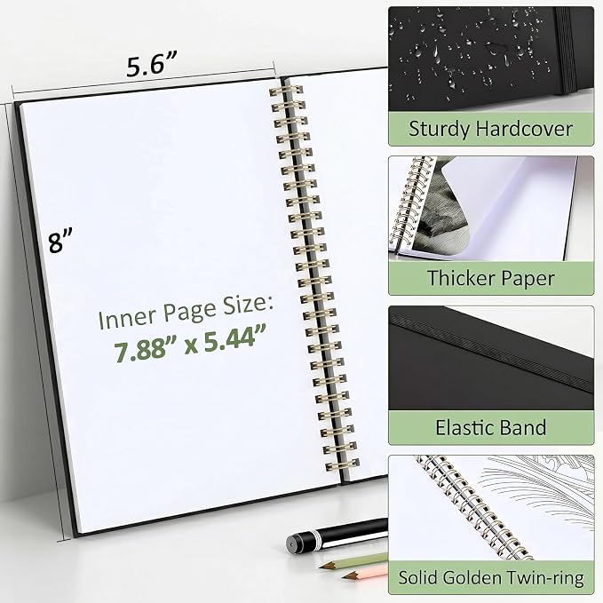 Forvencer 2 Pack Blank Spiral Notebook, 8"x 5.6"Hardcover Sketch Book | 100GSM Thick Paper,Art Sketchbook for Women&Adult, 100 pages/50 Sheets Drawing Book Journal for School Office Drawing, Black
