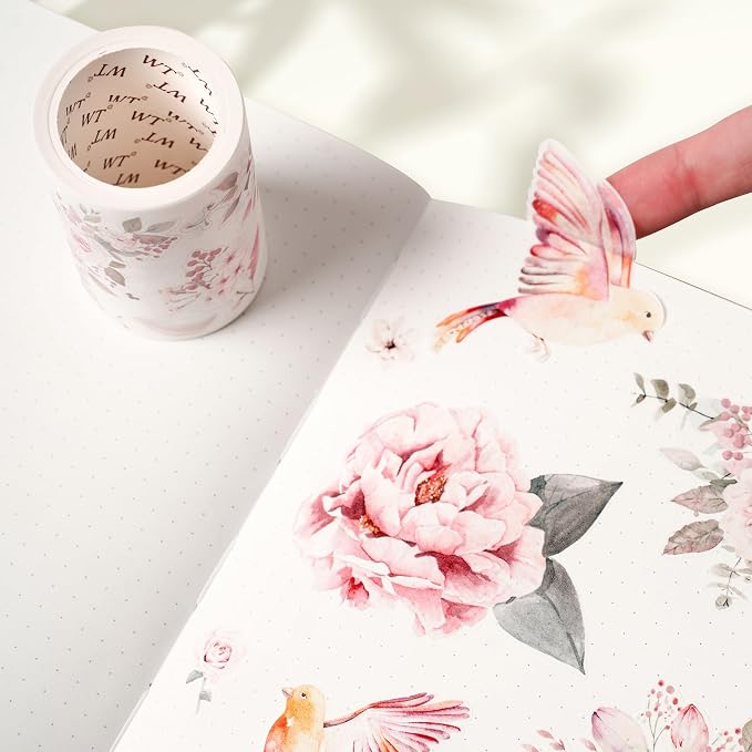WT Pre-Cut Pink Velvet Wide PET Tape, Single Roll, Original Designs, Transparent Floral Adhesive, Durable Decorative Clear Tape for Journaling, Scrapbook, Planner, DIY Crafts, Bujo Supplies, 60mm×5m