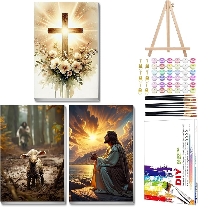 Mandun Religious Paint by Numbers Kit for Adults, 3 Pack, 7.8x11.8 inch | DIY Painting Kits Crafts for Adults, Relieve Stress, Frame Canvas, Wooden Easel, Gift Box, Home Wall Decor