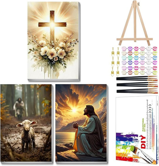 Mandun Religious Paint by Numbers Kit for Adults, 3 Pack, 7.8x11.8 inch | DIY Painting Kits Crafts for Adults, Relieve Stress, Frame Canvas, Wooden Easel, Gift Box, Home Wall Decor