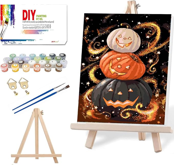 NEGEKFKX Halloween Pumpkin Paint by Numbers Kit for Adults Beginner with Frame,Horror Easy Adult Paint by Number Kits on Canvas DIY Painting for Beginners Art by Numbers for Home Wall Decor 12x8 Inch