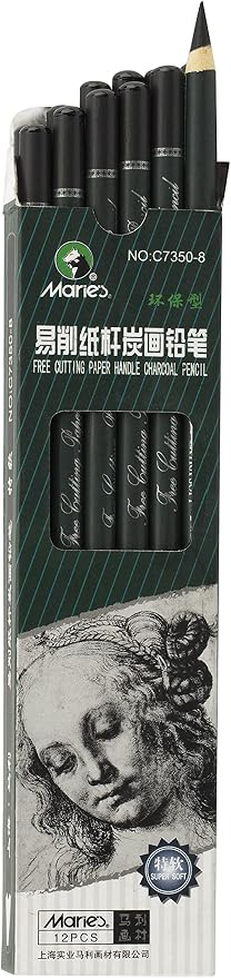 Marie's Artist Charcoal Pencil 12 Piece Set, Extra-Soft Black Paper Handle Charcoal Pencils for Drawing and Sketching