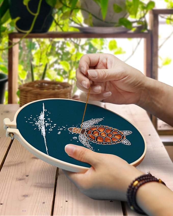 TINDTOP Embroidery Kit for Beginners Adult, Turtle Embroidery Practice Kit | Include Embroidery Cloth Hoops Threads for Craft Lover Hand Stitch with Embroidery Skill Techniques