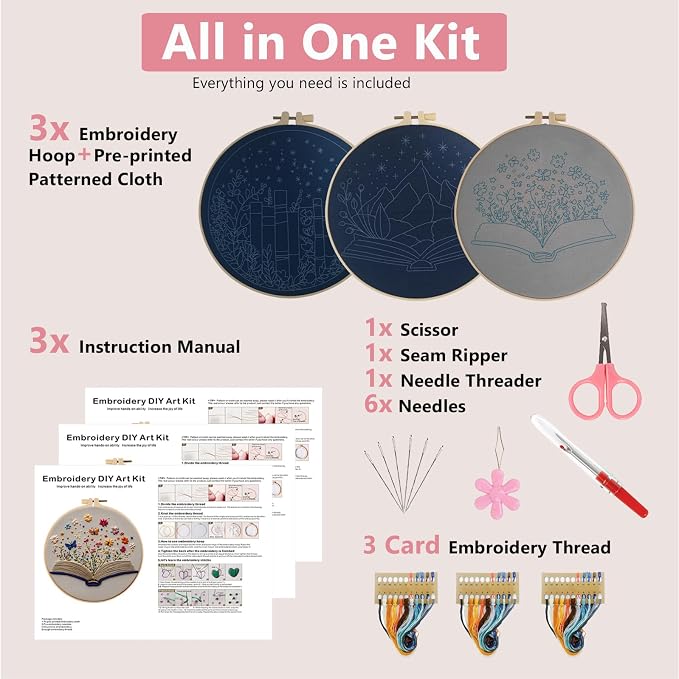 LYMIGER 3 Packs Embroidery Kit for Adults, Embroidery for Beginners (Book)