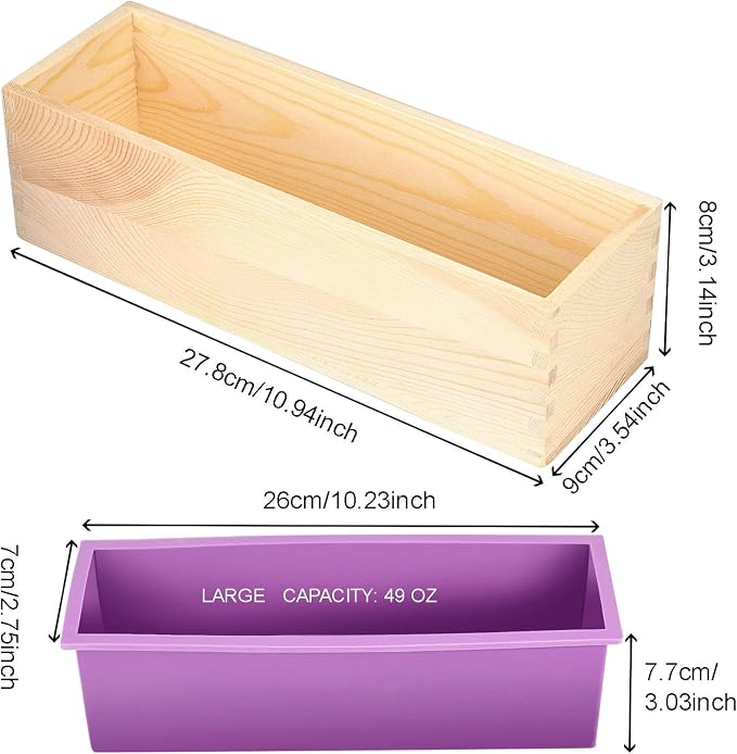 ZOENHOU 4 PCS 42oz Purple Soap Molds and 4 Wooden Lids, Flexible Rectangular Silicone Soap Making Molds Kit with Wood Box DIY Tool Set for Soap Making Supplies