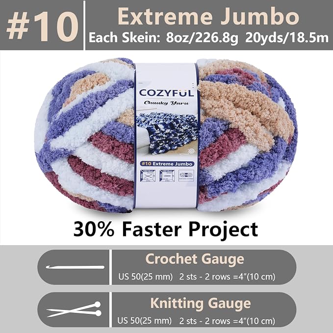 Cozyful Chunky Yarn for Hand Knitting - #10 Chunky Chenille Blanket Yarn, Jumbo Big Thick Chunky Yarns for Crocheting, Tie Dye Bulky Knit Yarns, 8 Skein (20 yds 8 oz Each Skein), Multi Blue&Red&Khaki
