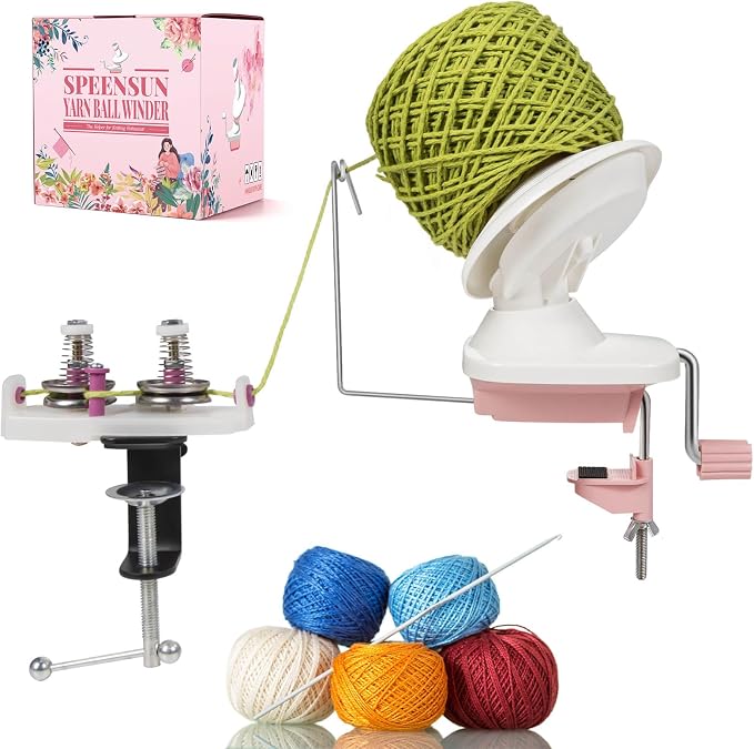 SPEENSUN 3.5 OZ Yarn Winder with Thread Guide, Crochet Ball Maker Set | Easy Install Knitting Spinner, Twist Tension Tool for Cords Below 0.18 Inch, Non-Slip Clamp, Keeps Skeins Tidy