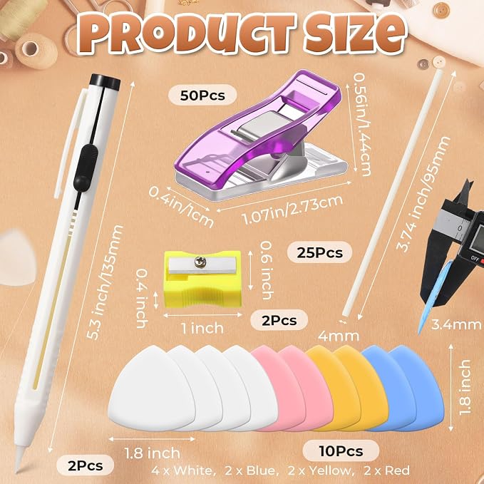 Watersay 88 Pcs Chalk Pencil Refillable Cartridge Set with Triangle Tailors Chalk Sewing Clips, Sewing Tailors Pen Heat Erasable for Quilting Farbic Markers Supplies Accessories