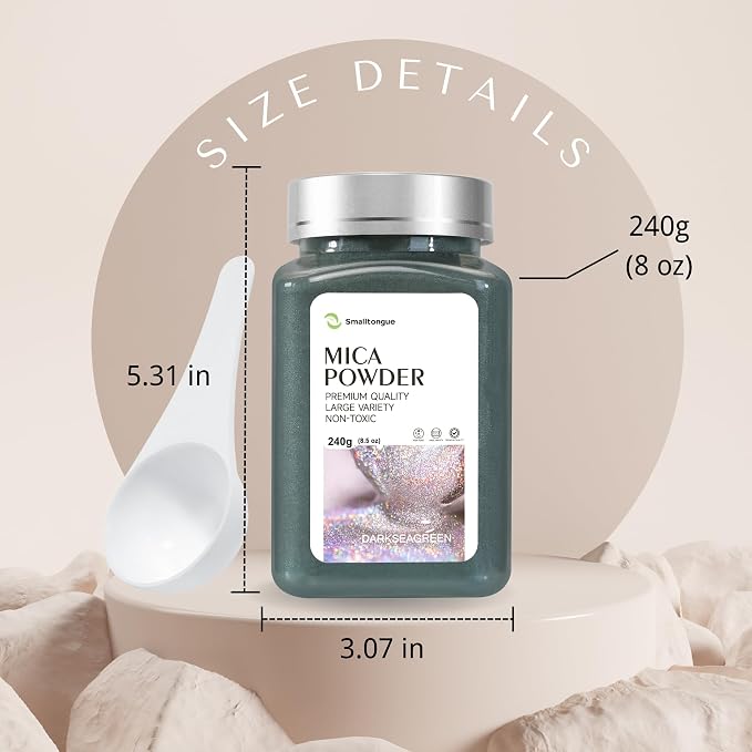 Mica Powder, Darkseagreen, 240g with Scoop, Complies with ASTM D-4236 | For Epoxy Resin, Soap, Bath Bomb, Candle| Safety Material| Odorless| Brilliant Colors