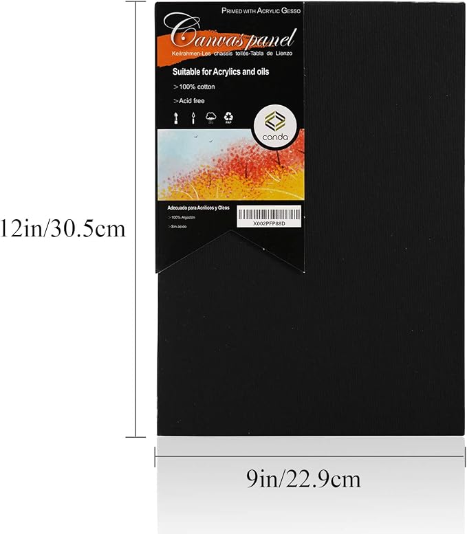 CONDA Black Canvases for Painting 9x12 inch, Pack of 14, 100% Cotton Acid-Free, 8 oz Gesso-Primed, Canvas Panels, Art Boards for Oil & Acrylic Painting