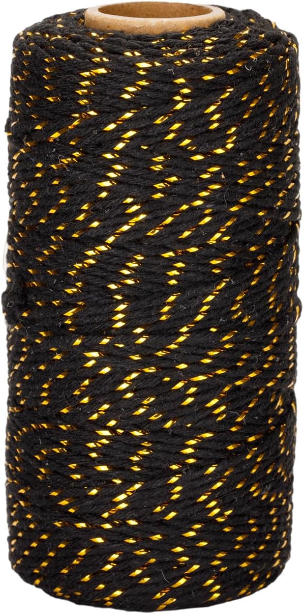 jijAcraft 328Ft Twine String, 2MM Black Gold Christmas Cotton String, Bakers Cotton Twine, Heavy Duty Crafts String for Gift Wrapping, Greeting Cards, Hanging Photo
