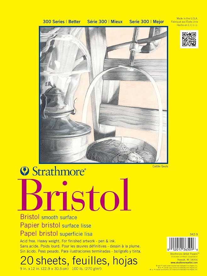 Strathmore 300 Series Bristol Paper Pad, Smooth, Tape Bound, 11x14 inches, 20 Sheets (100lb/270g) - Artist Paper for Adults and Students - Markers, Pen and Ink