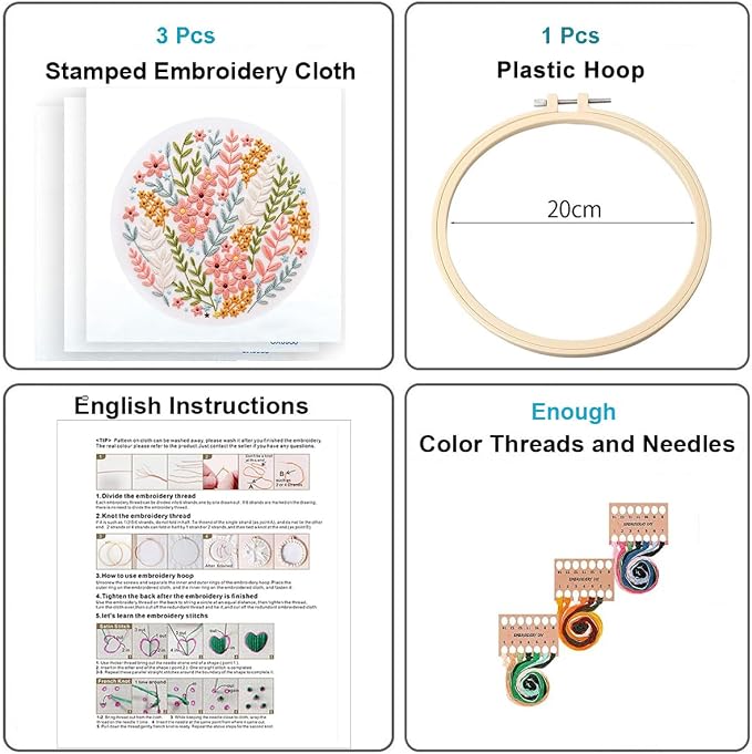 Konrisa Blossoms Embroidery Kit for Adults Beginners, Floral Stamped Embroidery Starter Kit DIY Sewing Practice, Needlepoint Cross Stitch Set of 3