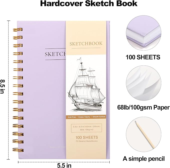 Yoment Small Sketch Book 5.5"x8.5",Mini Sketchbook,Spiral Bound,200 Sheets | Purple,2-Pack,68 lb/100gsm Hardcover Sketch Pad for Kids,Art Sketchbook Drawing Pad Book with Pencil,For Beginners,Artists