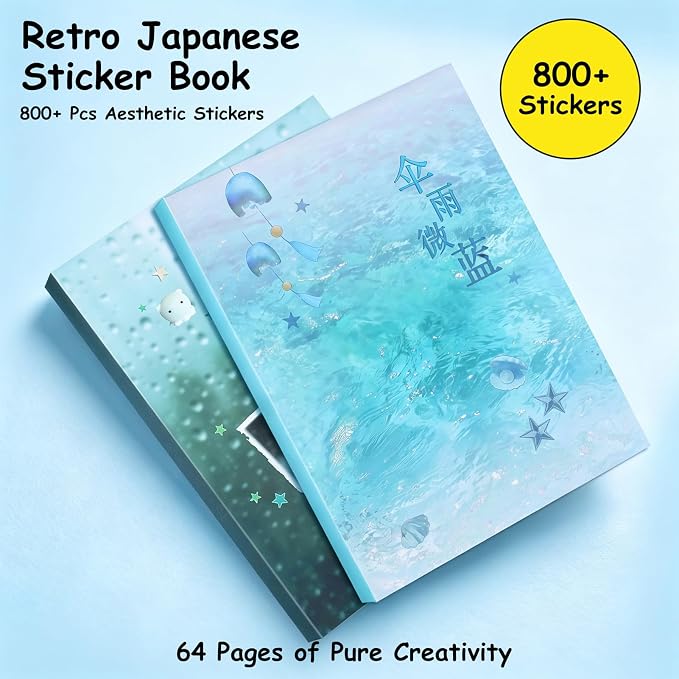 Tmtains 64 Sheets Korean Sticker Book for Scrapbook Retro Manga & Rain Style Japanese Stickers for Journaling Aesthetic Cute Sticker Book for Adults Dreamcore Stickers for DIY Junk Journal (Rain)