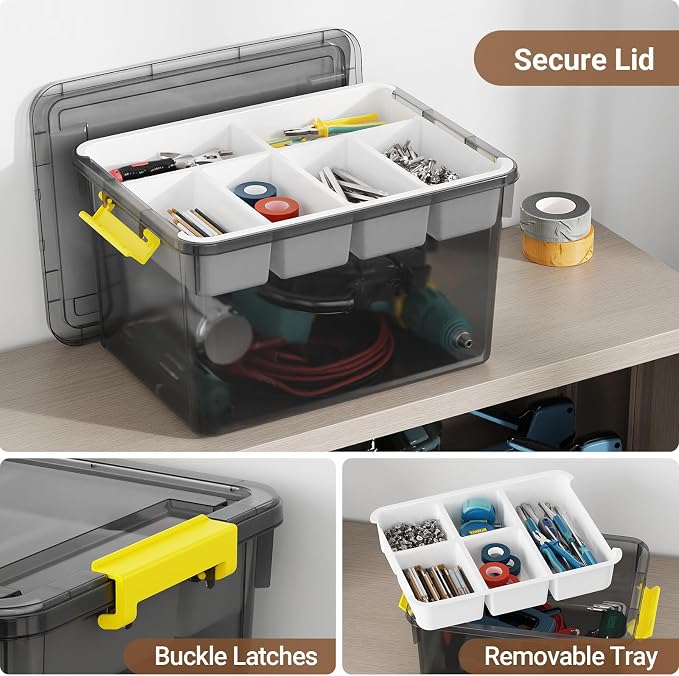 40Qt Stackable Storage Bins with Lid Tray Craft Box Organizer, 1Pack,GY
