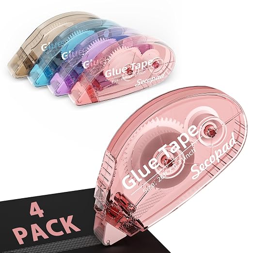 Secopad 4 Pack Scrapbook Tape, Double Sided Tape Roller for Crafts, Adhesive Glue Runner for Scrapbooking Journal Supplies, Glue Roller for School Office, 0.3IN x 26FT, Light-Colored Shell