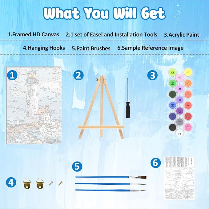 MAXBYE Lighthouse Framed Paint by Numbers Kits for Adults with Wooden Easel, Easy DIY Adult Paint by Number Kits on Canvas, Paintings Kit for Beginners Gift Home Wall Garden Decor 10×14 Inch