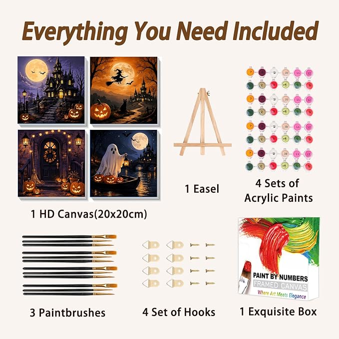 AUKELHJ 4 Pack Framed Paint by Numbers Kit for Adults, Halloween, 8x8 inch