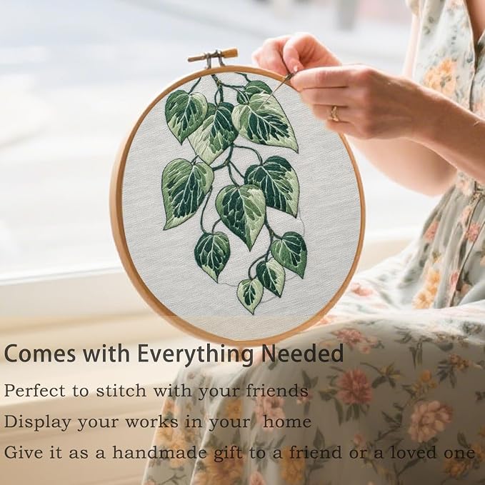FONNUY Green Plants Embroidery Kit, Cross Stitch Kits for Beginners, Handmade Crafts with Printed Patterns for Beginner Adults, Easy to Follow Color Thread Needlework, 8'' Hoop (Drooping Leaves)