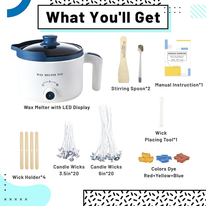 Ksedcon Wax Melting Pot Kit with Thermometer, Wicks and 3 Candle Dye Colors | Electric Wax Melter with Pour Spout, Small Candle Maker to Make Your Own Candles