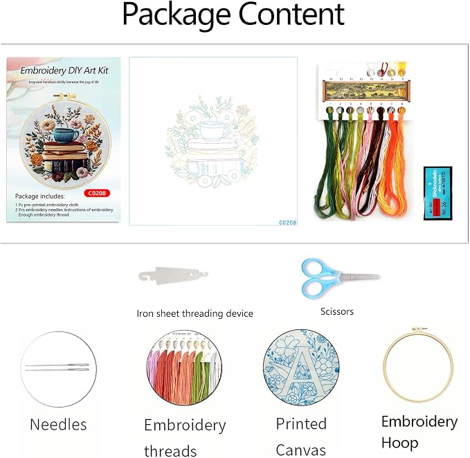 Zhenqing Book Lover Embroidery Kit for Beginners, Books Blooms & Tea Needlework Craft with Pre-Printed Cotton Fabric, Hoop, Threads & Tools, Reading Nook Decor (C0208)