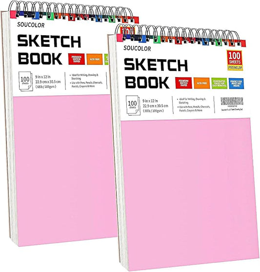 Sketchbook for Girls 9x12, 2 Pack Cute Pink Sketch Book for Teen Girls | 200 Sheets Spiral Drawing Pad, 68lb Acid-Free Erasable Paper Sketch Book for Women Teens, Art Supplies Gift Set