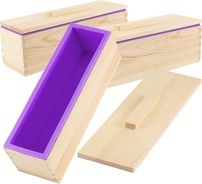 3PCS 47oz Silicone Soap Kit, Purple Rectangular Silicone Loaf Soap Making with 3 Wooden Boxes and 3 Lids, DIY Supplies for Soap Making