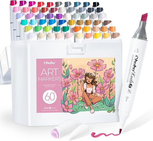 Ohuhu Alcohol Markers Brush Tip 60 Illustration Colors for Adults Coloring | Mini Brush & Slim Broad Dual Tips Alcohol-based Art Marker for Artists Beginners Cozy Coloring Details Drawing, Kaala B
