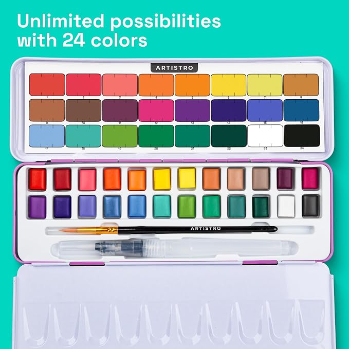 ARTISTRO Vivid Watercolor Paint Set with Palette & Brush Pens - 24 Colors | Portable Paint Art Kit, Travel Water Color Set, For Adults, Professionals, & Kids, Art & Painting Supplies, Gift Idea
