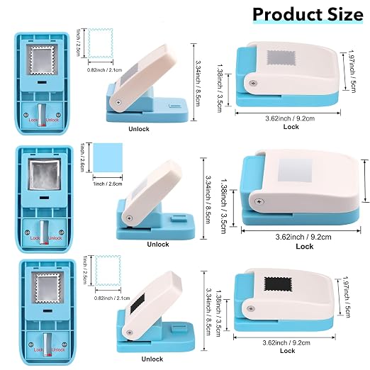 BAOFALI 3Pcs/Set 2 Stamp Puncher 1X0.8inch & 1inch Square Punch Set, Scalloped Rectangle Lever Action Craft Punch for Paper Crafting Scrapbooking DIY Card Making Arts Crafts Supplies
