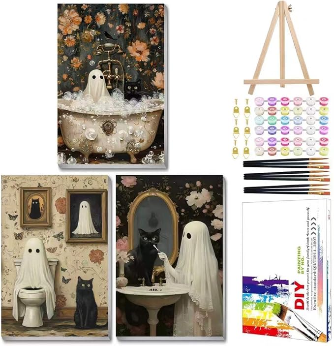 Mandun Halloween Paint by Numbers Kit for Adults, 3 Pack, 7.8x11.8 inch | DIY Painting Kits Crafts for Adults, Relieve Stress, Frame Canvas, Wooden Easel, Gift Box, Home Wall Decor