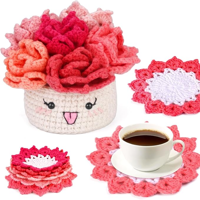 Hssugi Crochet Kit for Beginners, 6PCS Potted Plant Coasters Crochet Kit | Coasters Crochet Kit with Step-by-Step Video Tutorials, Crochet Hooks, Learn to Crochet Kits for Adult Beginners