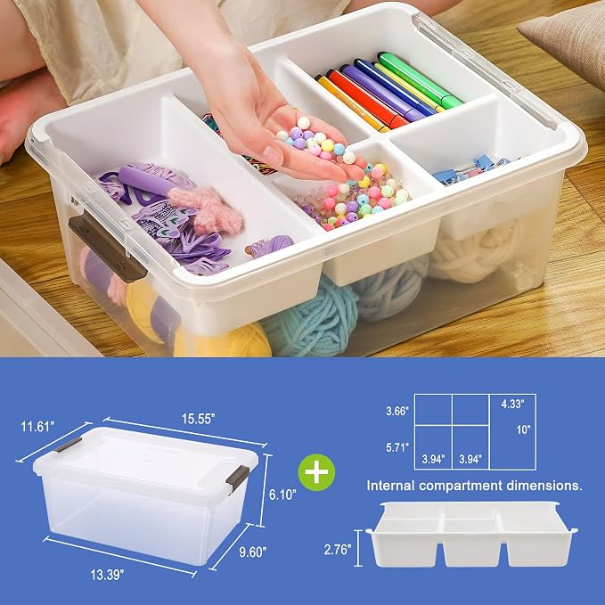 MACOPRO 17QT Clear Plastic Box Craft Storage Bin with Removable Tray & Lid | 1-pack container, art supply organizer for playdoh, sewing, beads & craft tools, space-saving stackable bins organization