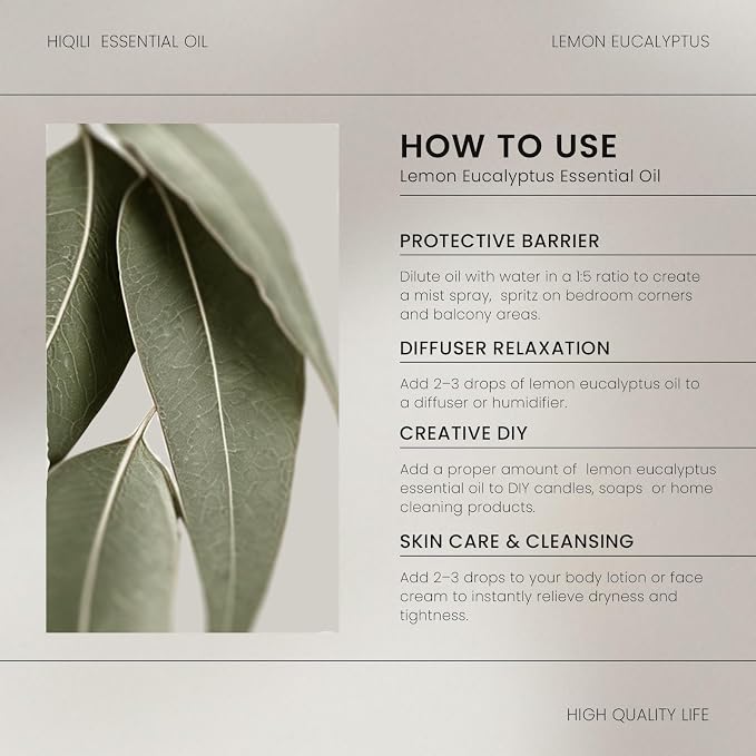 HIQILI Lemon Eucalyptus Essential Oil for Spray, Aromatherapy & Skin Care