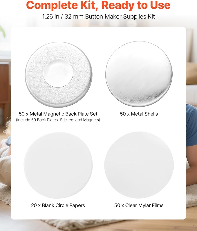 VEVOR Button Maker Supplies 50 Sets 1.25 in / 32 mm Refrigerator Magnets, Button Parts with Magnetic Backs, Metal Shells, Clear Mylar Films, and Blank Circle Papers, for Home DIY and Kitchen Decor