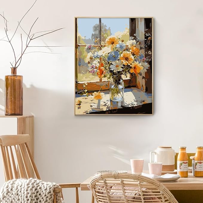 PRASIO Framed Paint by Numbers Kit for Adults Beginner, Flowers Adult Paint by Number Kits on Canvas Framed, DIY Acrylic Watercolor Oil Paint by Numbers with Frame for Gift Home Decor 16x20 Inch