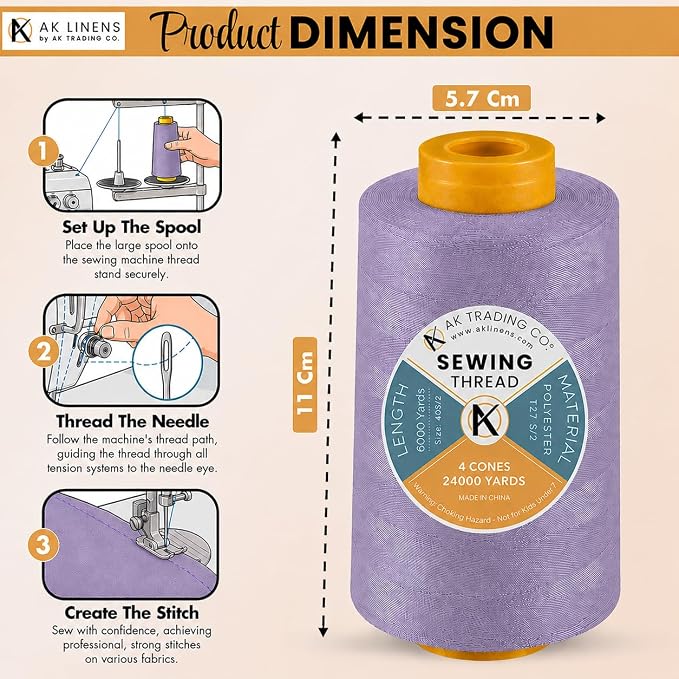 AK TRADING CO. 4-Pack Lavender All Purpose Sewing Thread Cones (6000 Yards Each) of High Tensile Polyester Thread Spools for Sewing, Quilting, Serger Machines, Overlock, Merrow & Hand Embroidery
